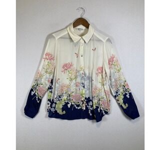 Whimsical Chic Floral Butterfly Blouse Women Medium Ivory Navy Blue Long Sleeve